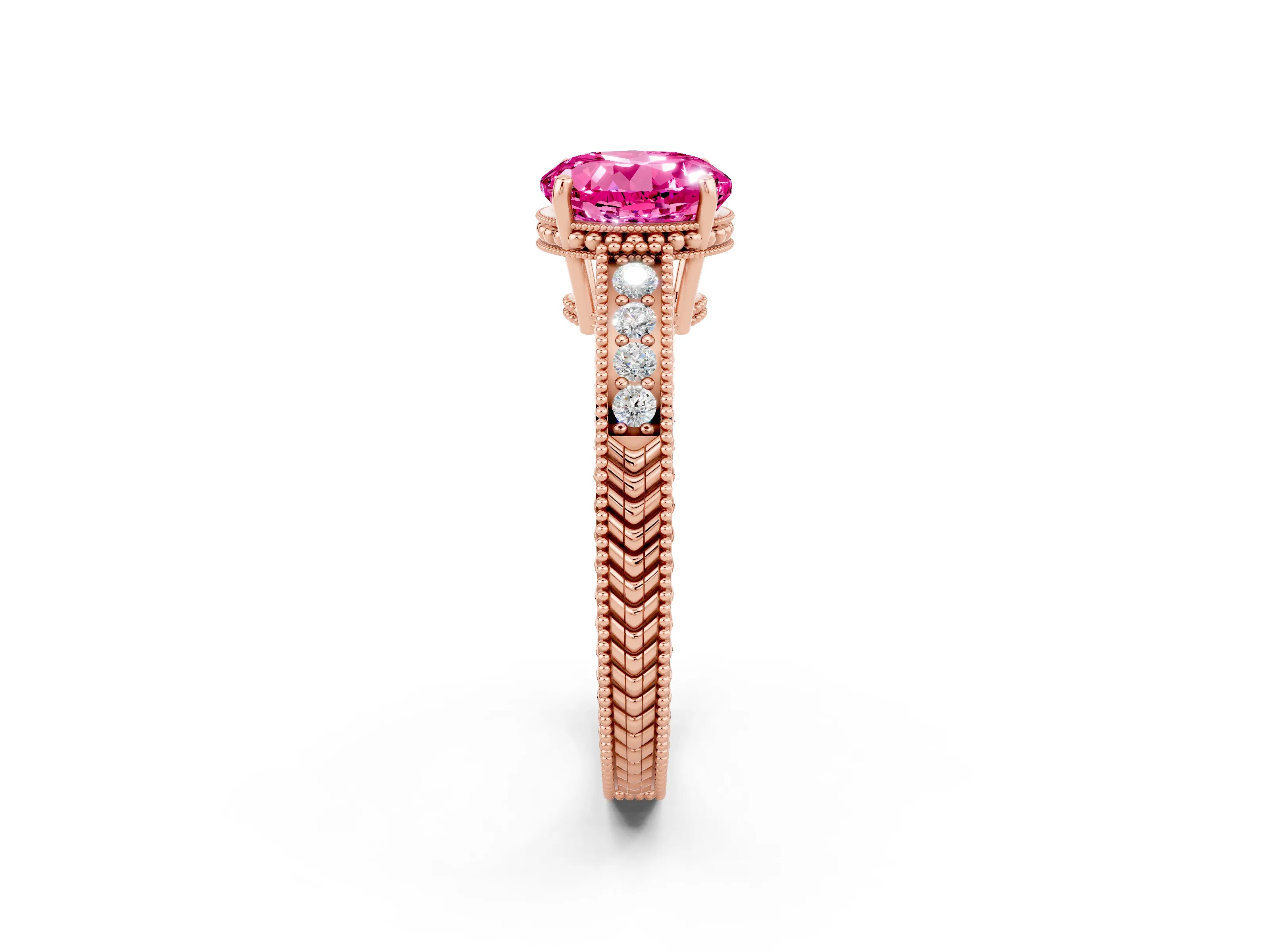 Rose gold Round Cut Pink Sapphire Engagement Ring with Milgrain Channel Set Band and Prong Setting_26