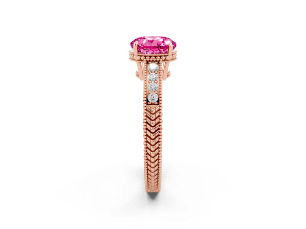 Rose gold Round Cut Pink Sapphire Engagement Ring with Milgrain Channel Set Band and Prong Setting