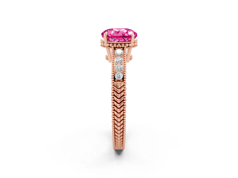 Rose gold Round Cut Pink Sapphire Engagement Ring with Milgrain Channel Set Band and Prong Setting_26