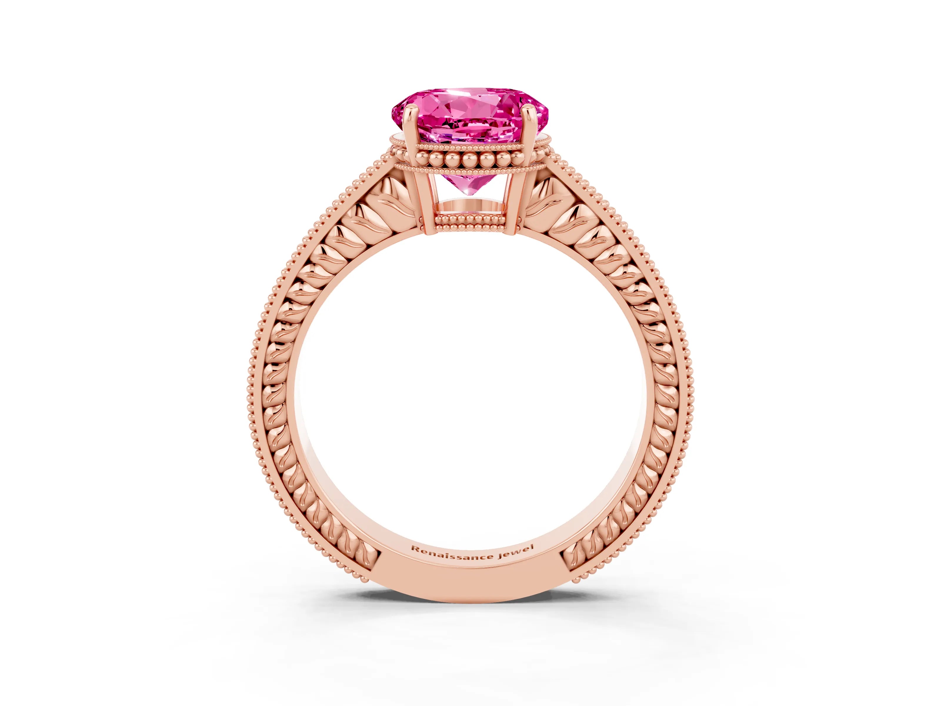 Rose gold Round Cut Pink Sapphire Engagement Ring with Milgrain Channel Set Band and Prong Setting_27