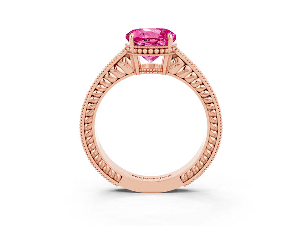Rose gold Round Cut Pink Sapphire Engagement Ring with Milgrain Channel Set Band and Prong Setting