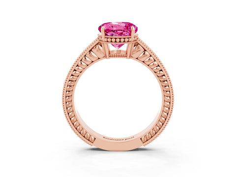 Rose gold Round Cut Pink Sapphire Engagement Ring with Milgrain Channel Set Band and Prong Setting_27