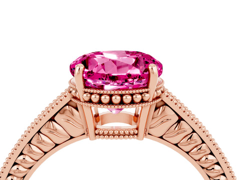 Rose gold Round Cut Pink Sapphire Engagement Ring with Milgrain Channel Set Band and Prong Setting_28