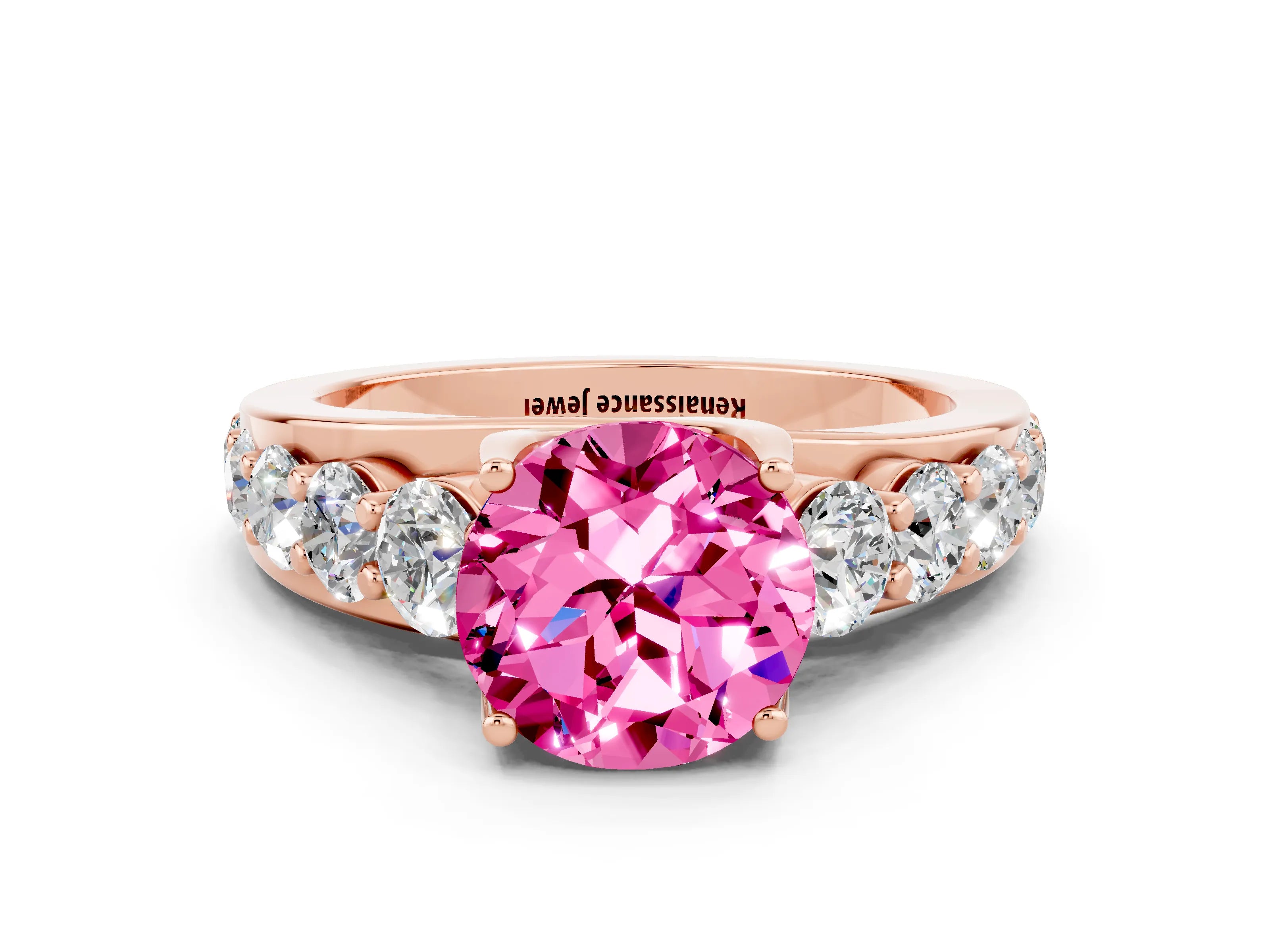 Rose gold Round Cut Pink Sapphire Engagement Ring with Pavé Band and Four-Prong Setting