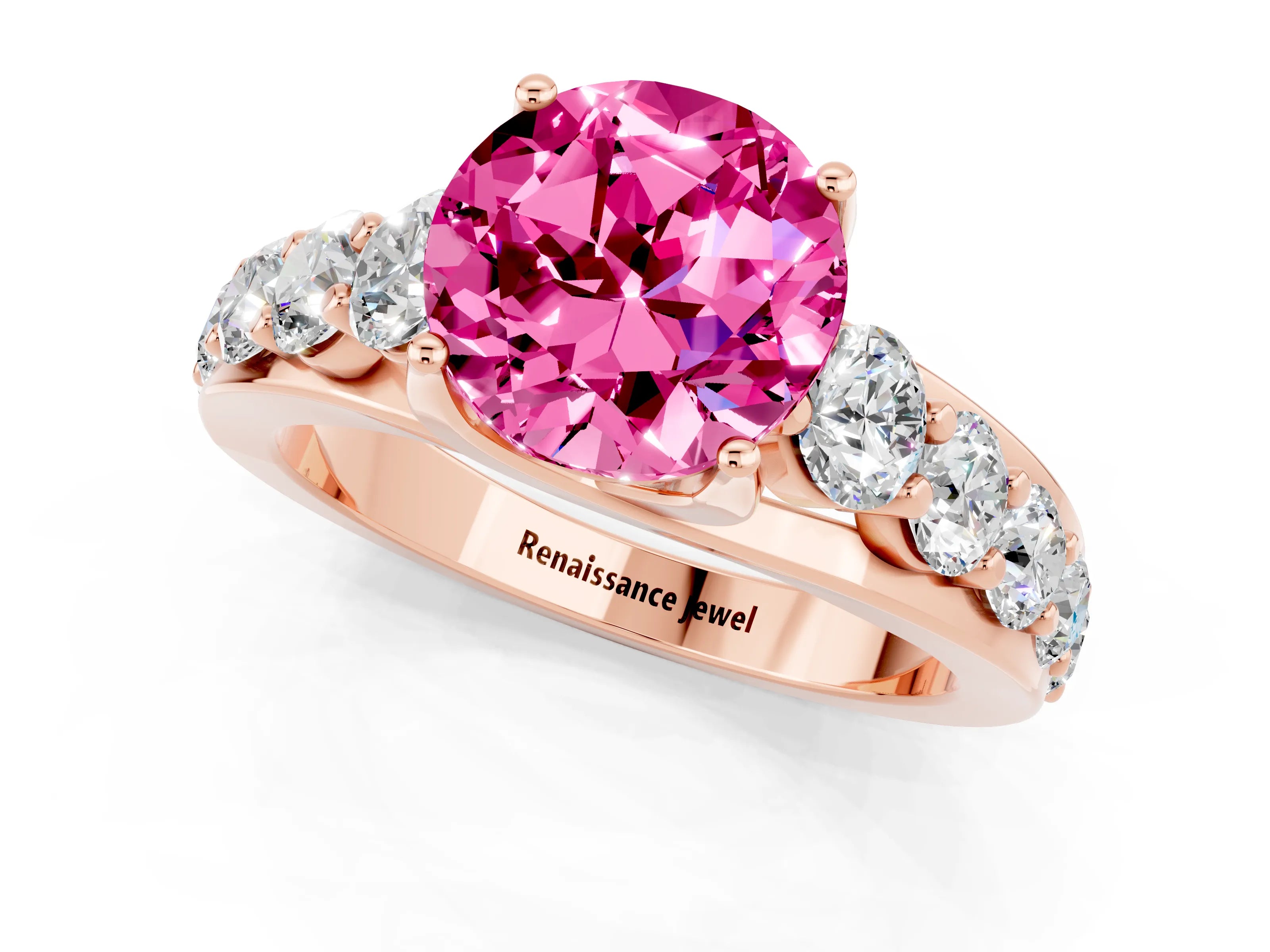 Rose gold Round Cut Pink Sapphire Engagement Ring with Pavé Band and Four-Prong Setting_1