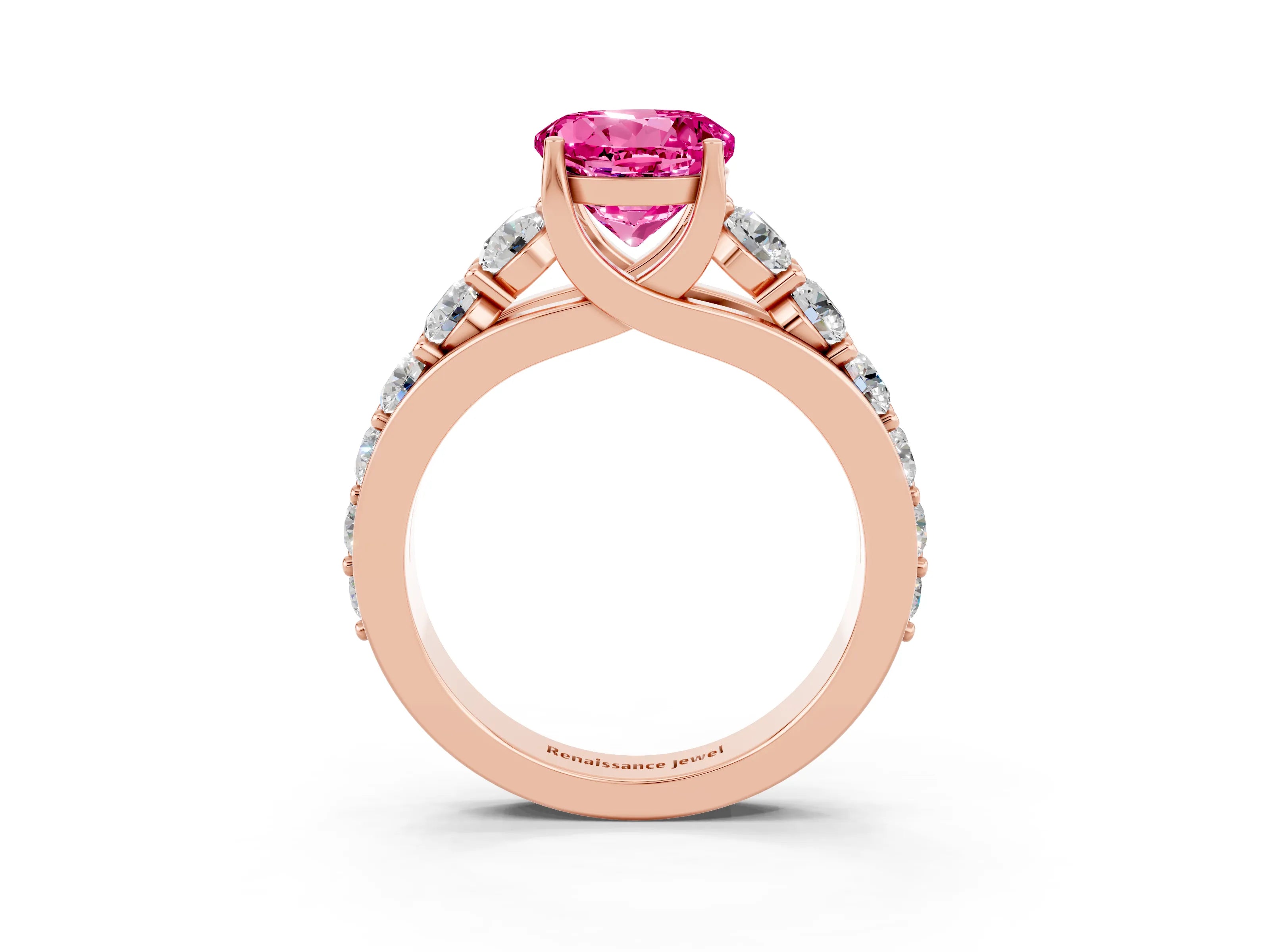 Rose gold Round Cut Pink Sapphire Engagement Ring with Pavé Band and Four-Prong Setting_3