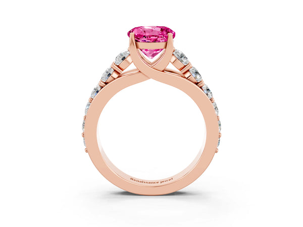 Rose gold Round Cut Pink Sapphire Engagement Ring with Pavé Band and Four-Prong Setting