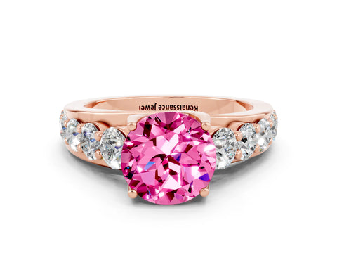 Rose gold Round Cut Pink Sapphire Engagement Ring with Pavé Band and Four-Prong Setting