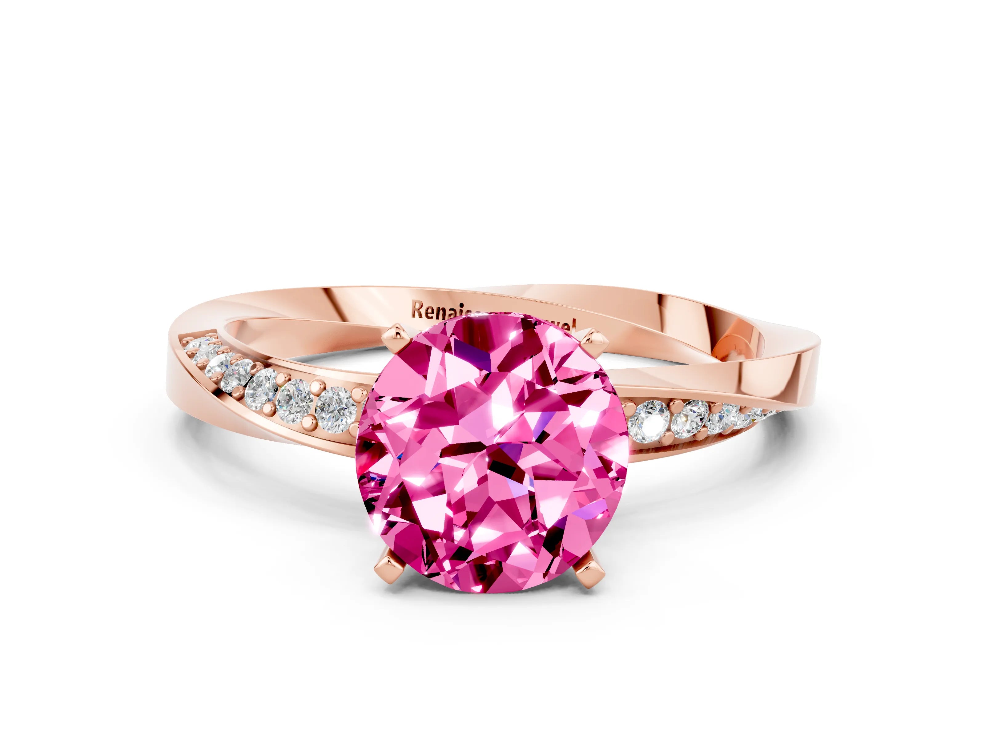 Rose gold Round Cut Pink Sapphire Engagement Ring with Side Stone Accents and Four-Prong Setting_51