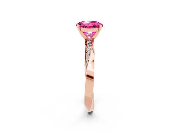 Rose gold Round Cut Pink Sapphire Engagement Ring with Side Stone Accents and Four-Prong Setting