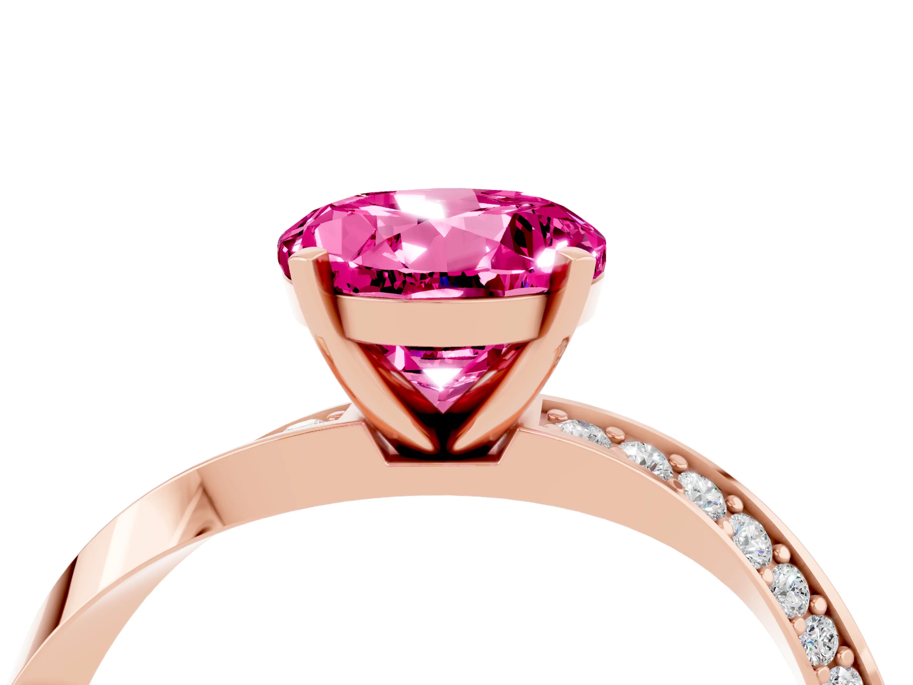 Rose gold Round Cut Pink Sapphire Engagement Ring with Side Stone Accents and Four-Prong Setting_55
