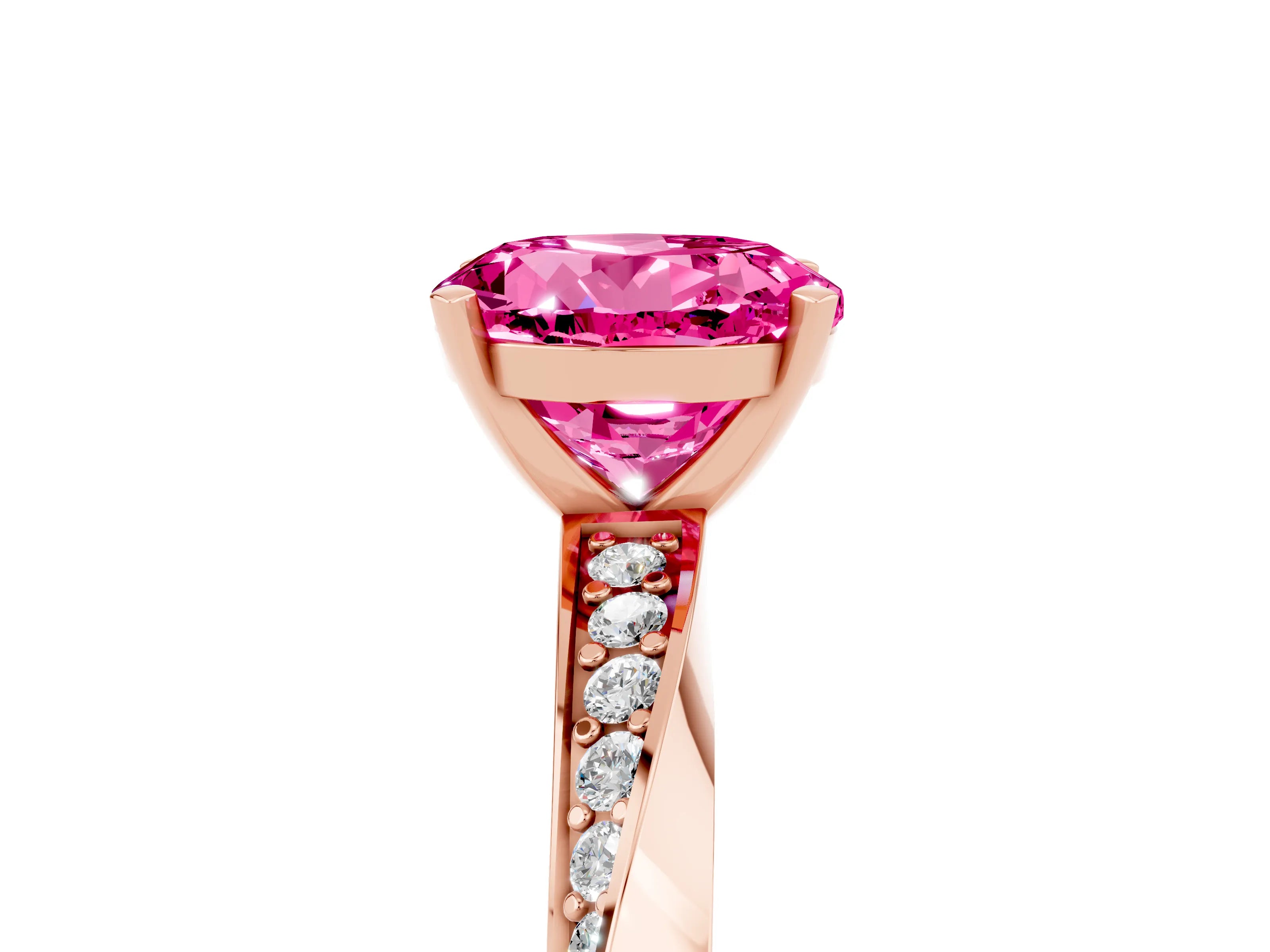 Rose gold Round Cut Pink Sapphire Engagement Ring with Side Stone Accents and Four-Prong Setting_56