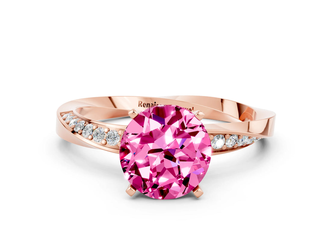 Rose gold Round Cut Pink Sapphire Engagement Ring with Side Stone Accents and Four-Prong Setting_60