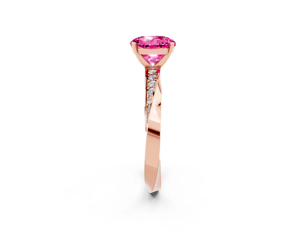 Rose gold Round Cut Pink Sapphire Engagement Ring with Side Stone Accents and Four-Prong Setting