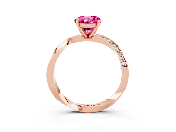 Rose gold Round Cut Pink Sapphire Engagement Ring with Side Stone Accents and Four-Prong Setting