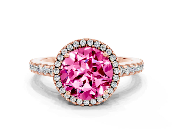 Rose gold Round Cut Pink Sapphire Halo Engagement Ring with Pavé Band and Prong Setting