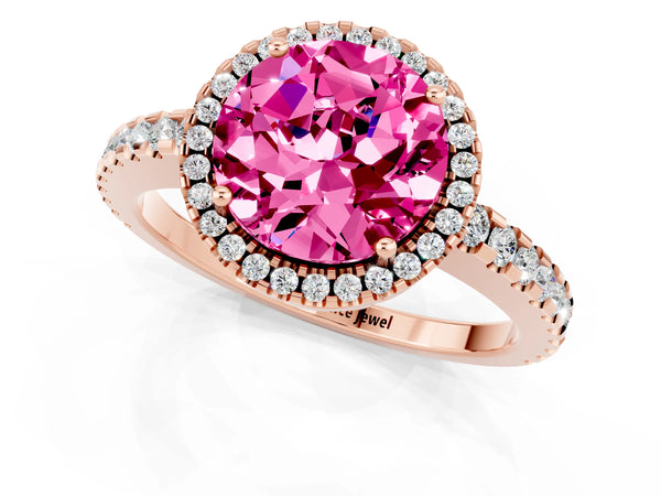 Rose gold Round Cut Pink Sapphire Halo Engagement Ring with Pavé Band and Prong Setting
