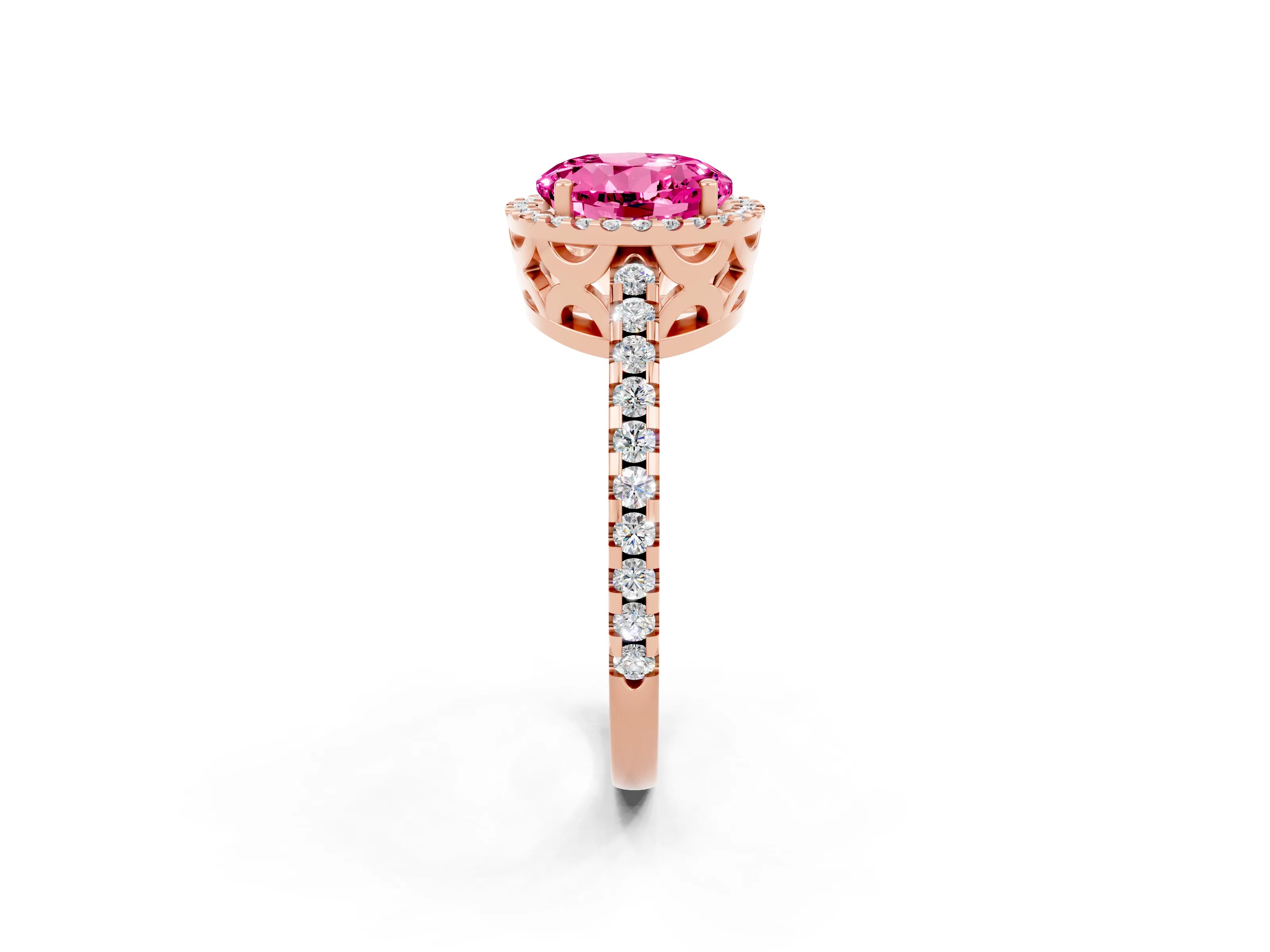 Rose gold Round Cut Pink Sapphire Halo Engagement Ring with Pavé Band and Prong Setting_14