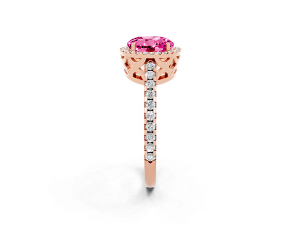 Rose gold Round Cut Pink Sapphire Halo Engagement Ring with Pavé Band and Prong Setting