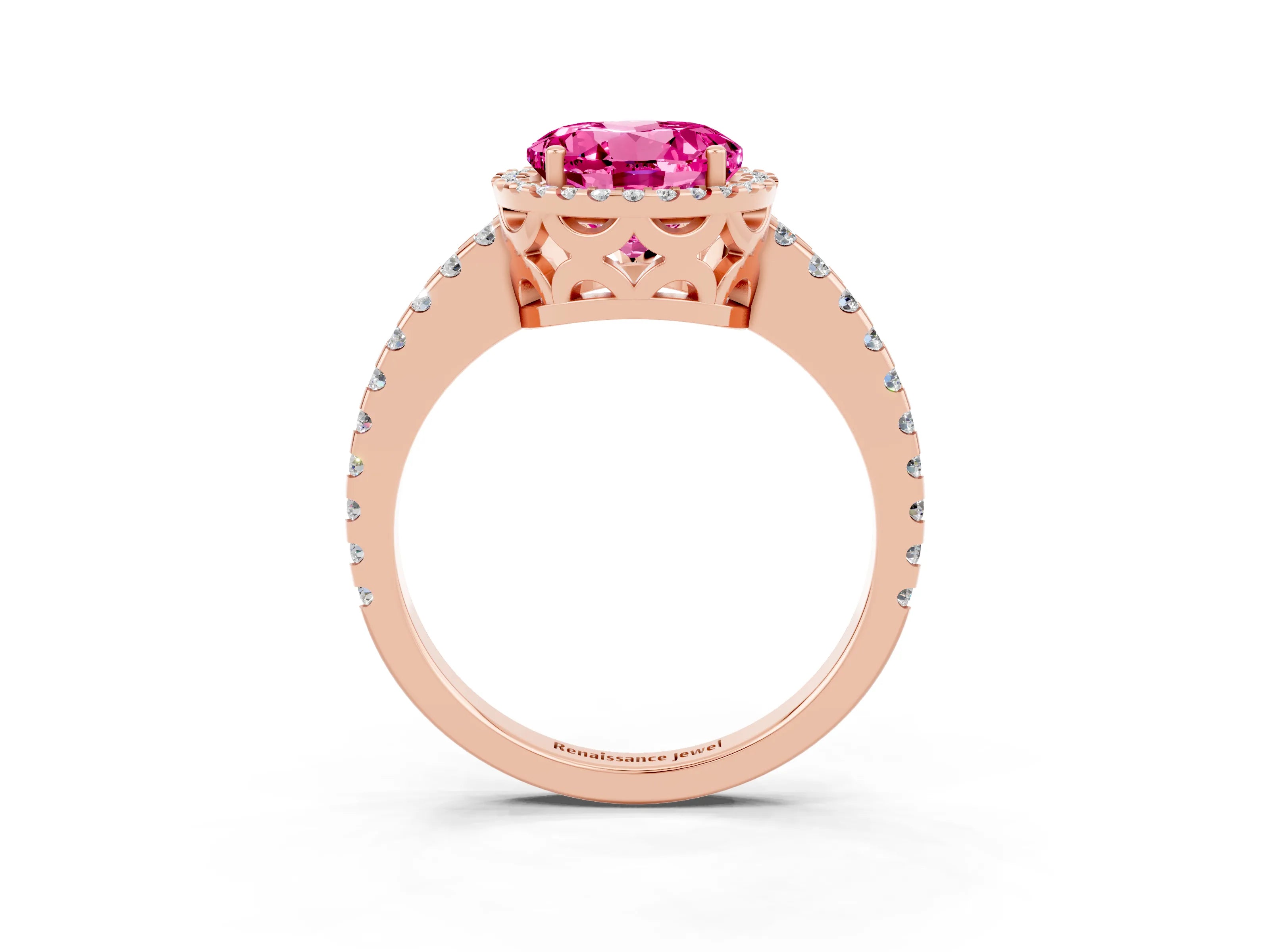 Rose gold Round Cut Pink Sapphire Halo Engagement Ring with Pavé Band and Prong Setting_15