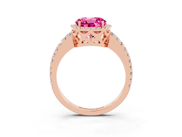 Rose gold Round Cut Pink Sapphire Halo Engagement Ring with Pavé Band and Prong Setting