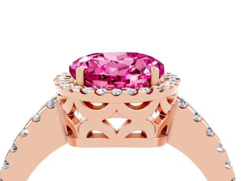 Rose gold Round Cut Pink Sapphire Halo Engagement Ring with Pavé Band and Prong Setting_16