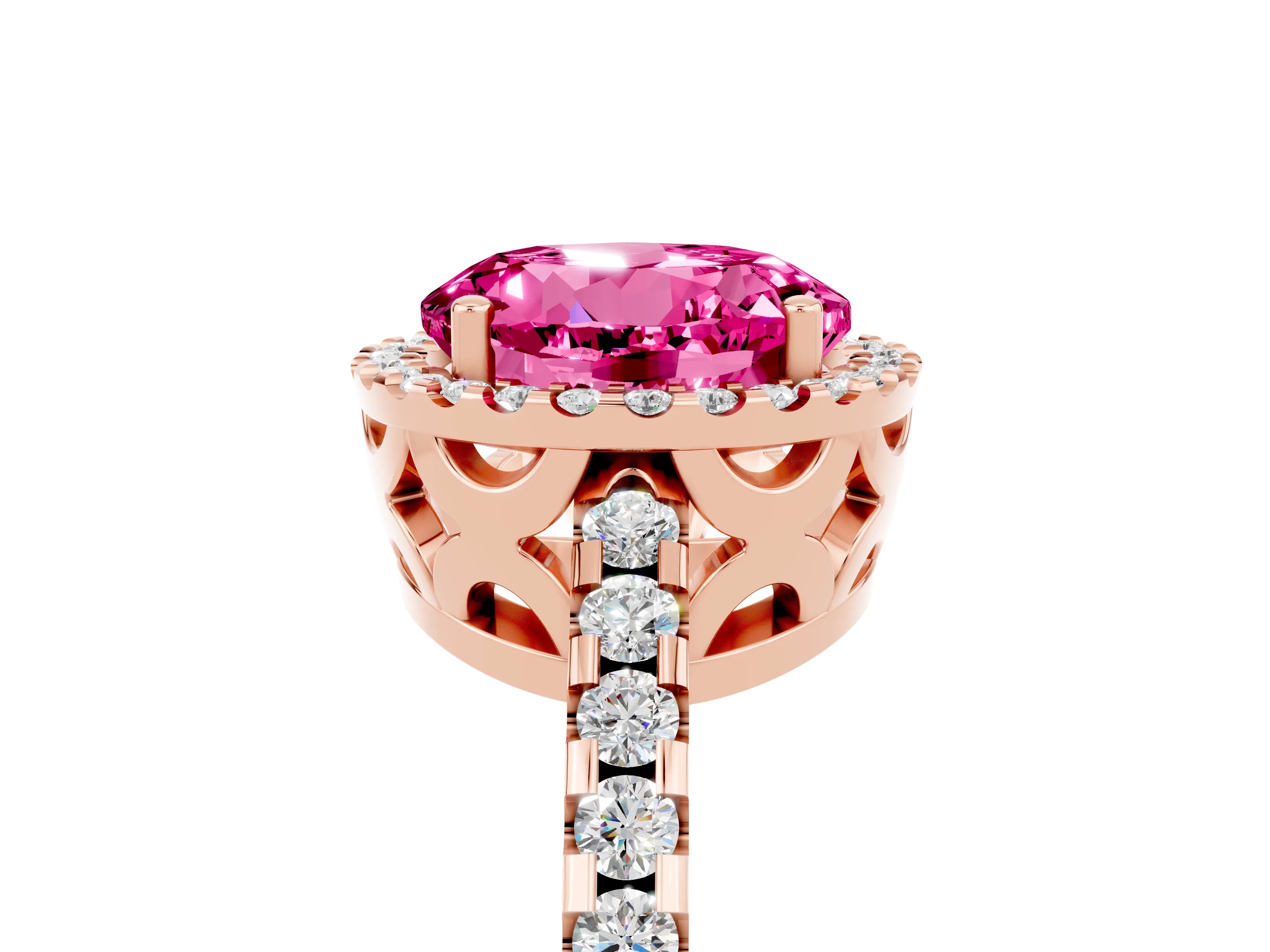 Rose gold Round Cut Pink Sapphire Halo Engagement Ring with Pavé Band and Prong Setting_17