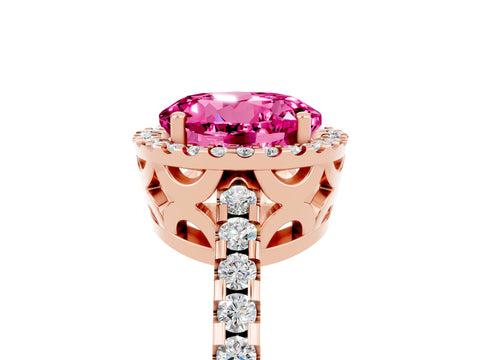 Rose gold Round Cut Pink Sapphire Halo Engagement Ring with Pavé Band and Prong Setting_17
