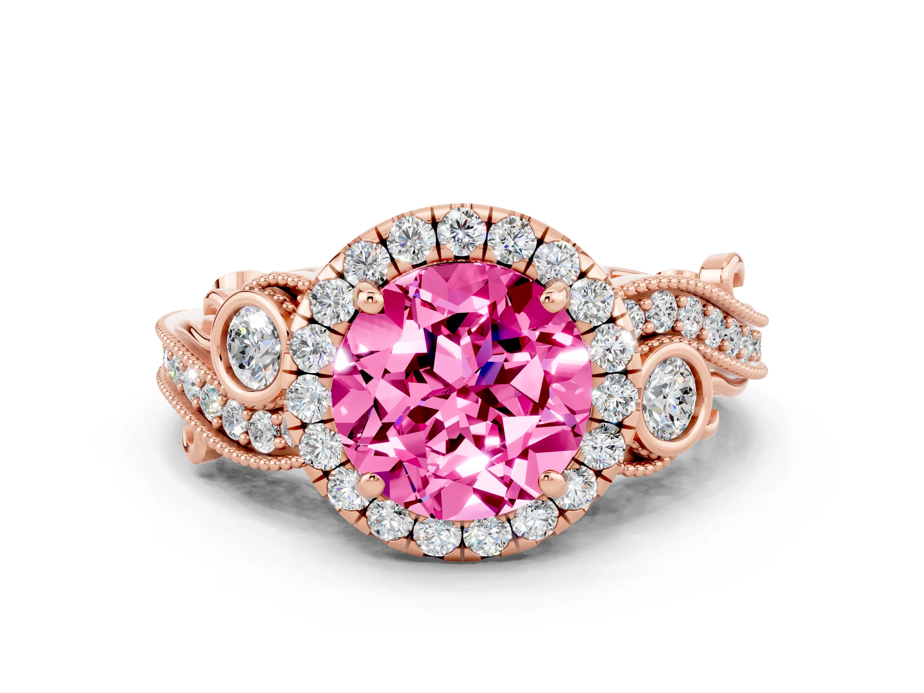 Rose gold Round Cut Pink Sapphire Halo Ring with Milgrain Pavé Band and Four-Prong Setting_12