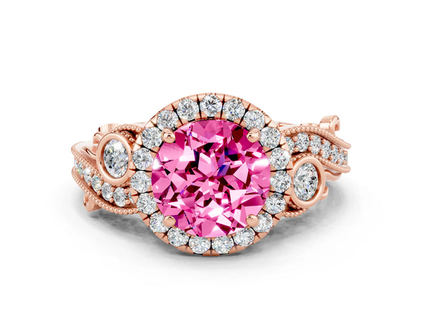 Rose gold Round Cut Pink Sapphire Halo Ring with Milgrain Pavé Band and Four-Prong Setting