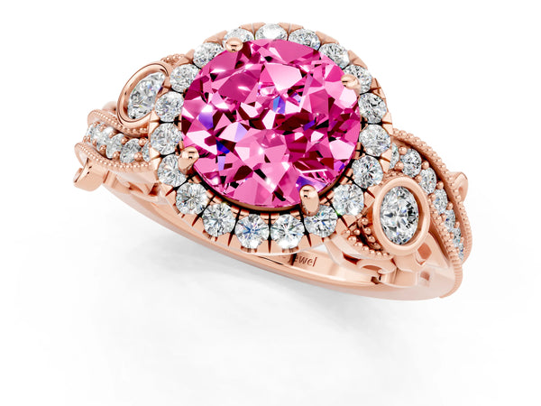 Rose gold Round Cut Pink Sapphire Halo Ring with Milgrain Pavé Band and Four-Prong Setting