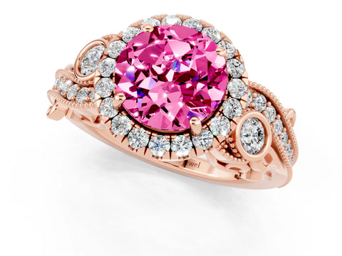 Rose gold Round Cut Pink Sapphire Halo Ring with Milgrain Pavé Band and Four-Prong Setting_13