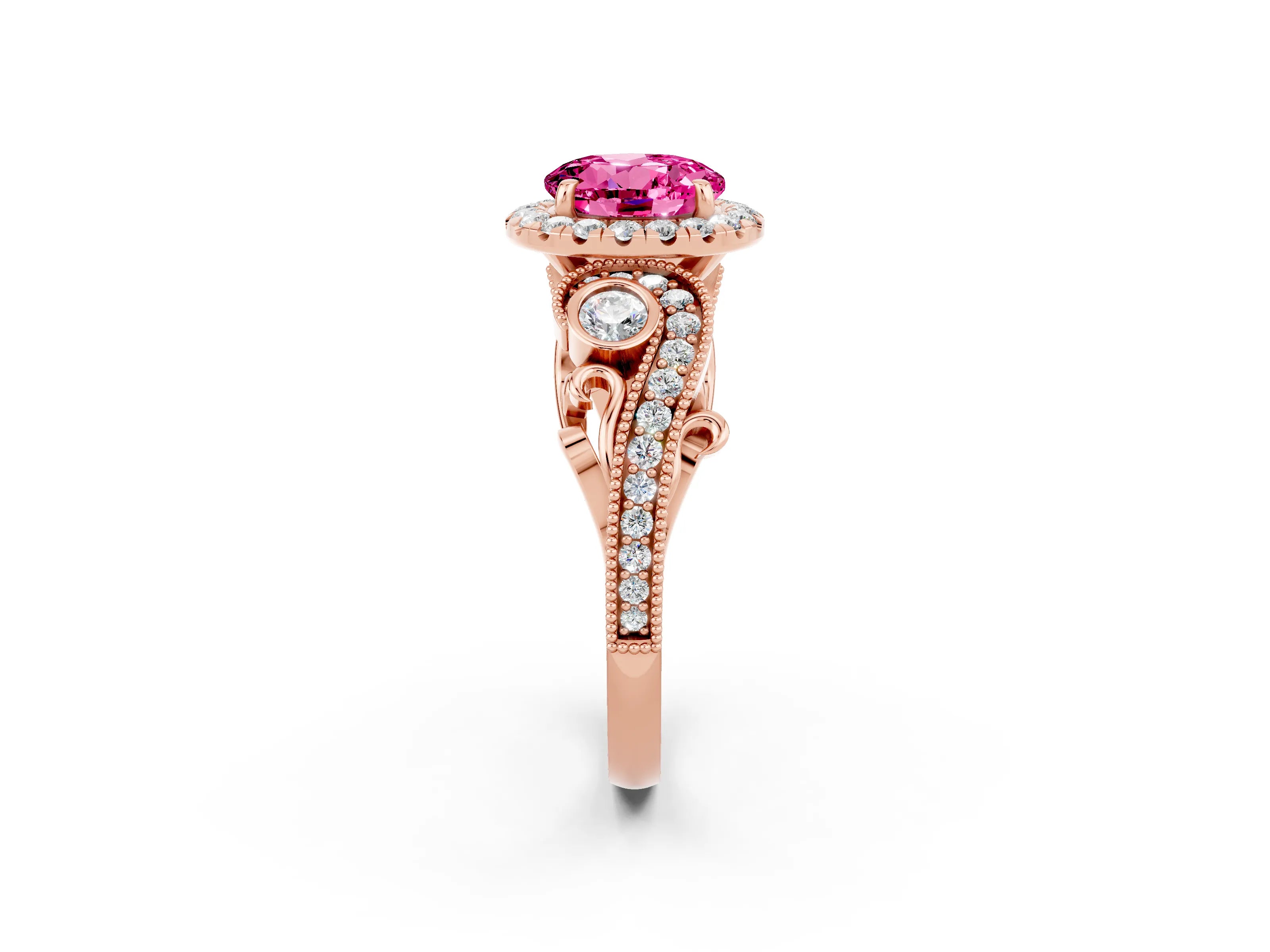 Rose gold Round Cut Pink Sapphire Halo Ring with Milgrain Pavé Band and Four-Prong Setting_14
