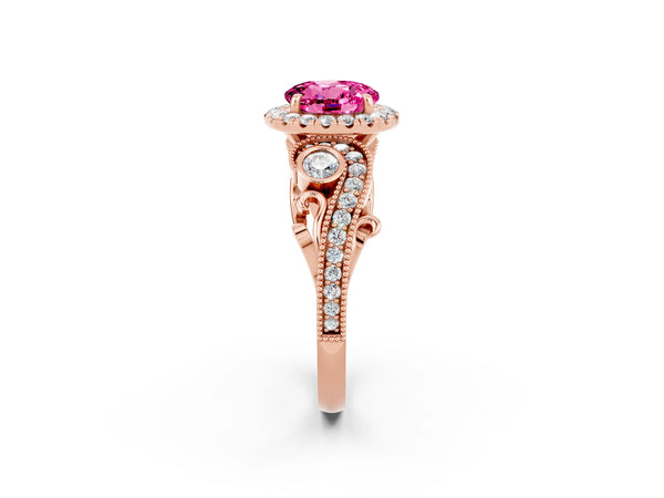 Rose gold Round Cut Pink Sapphire Halo Ring with Milgrain Pavé Band and Four-Prong Setting