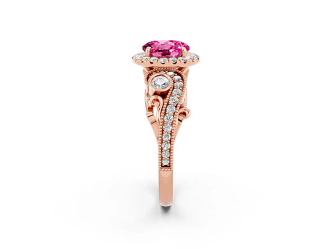 Rose gold Round Cut Pink Sapphire Halo Ring with Milgrain Pavé Band and Four-Prong Setting_14