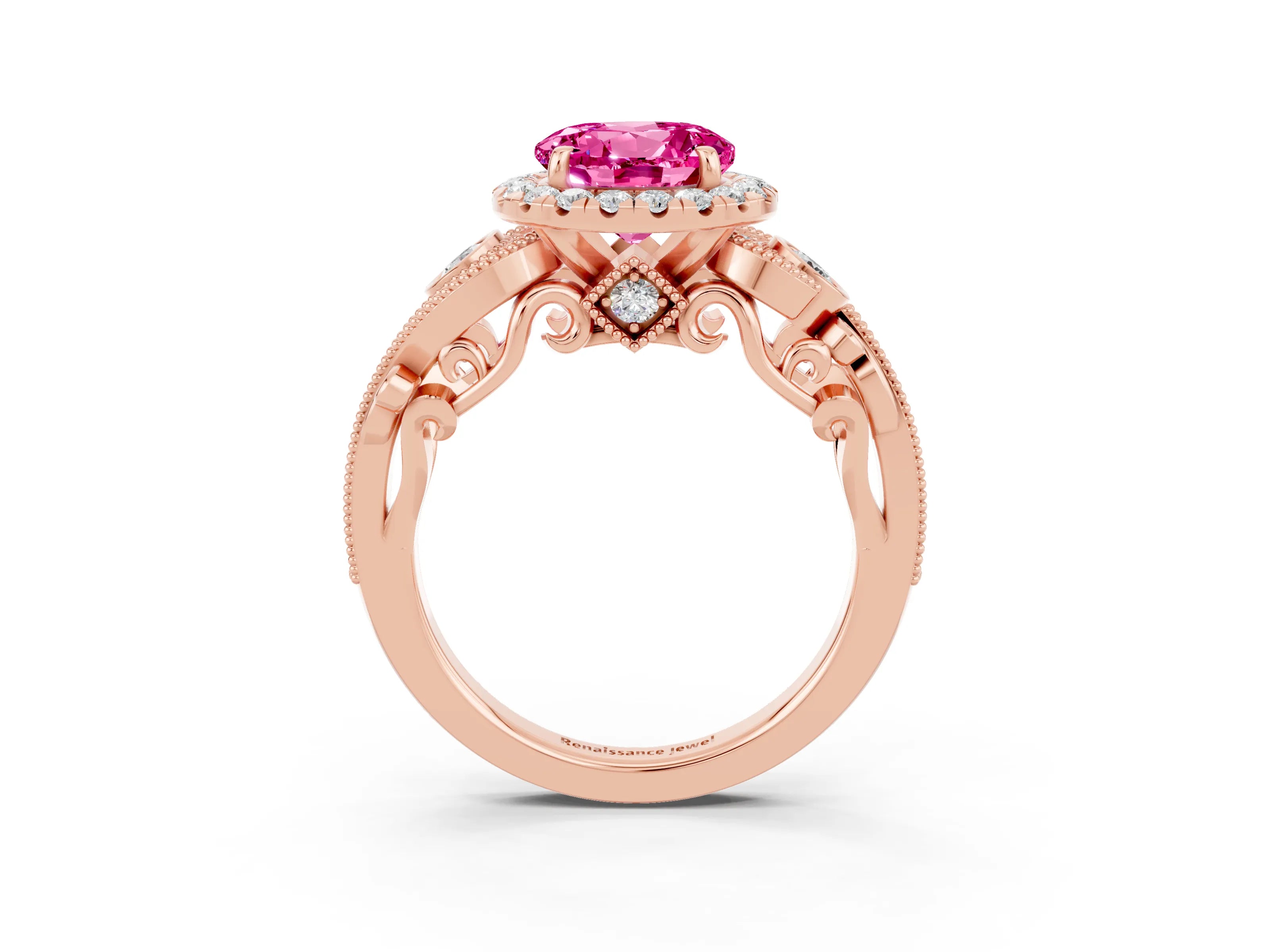 Rose gold Round Cut Pink Sapphire Halo Ring with Milgrain Pavé Band and Four-Prong Setting_15