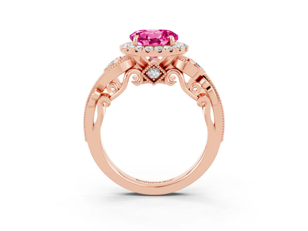 Rose gold Round Cut Pink Sapphire Halo Ring with Milgrain Pavé Band and Four-Prong Setting