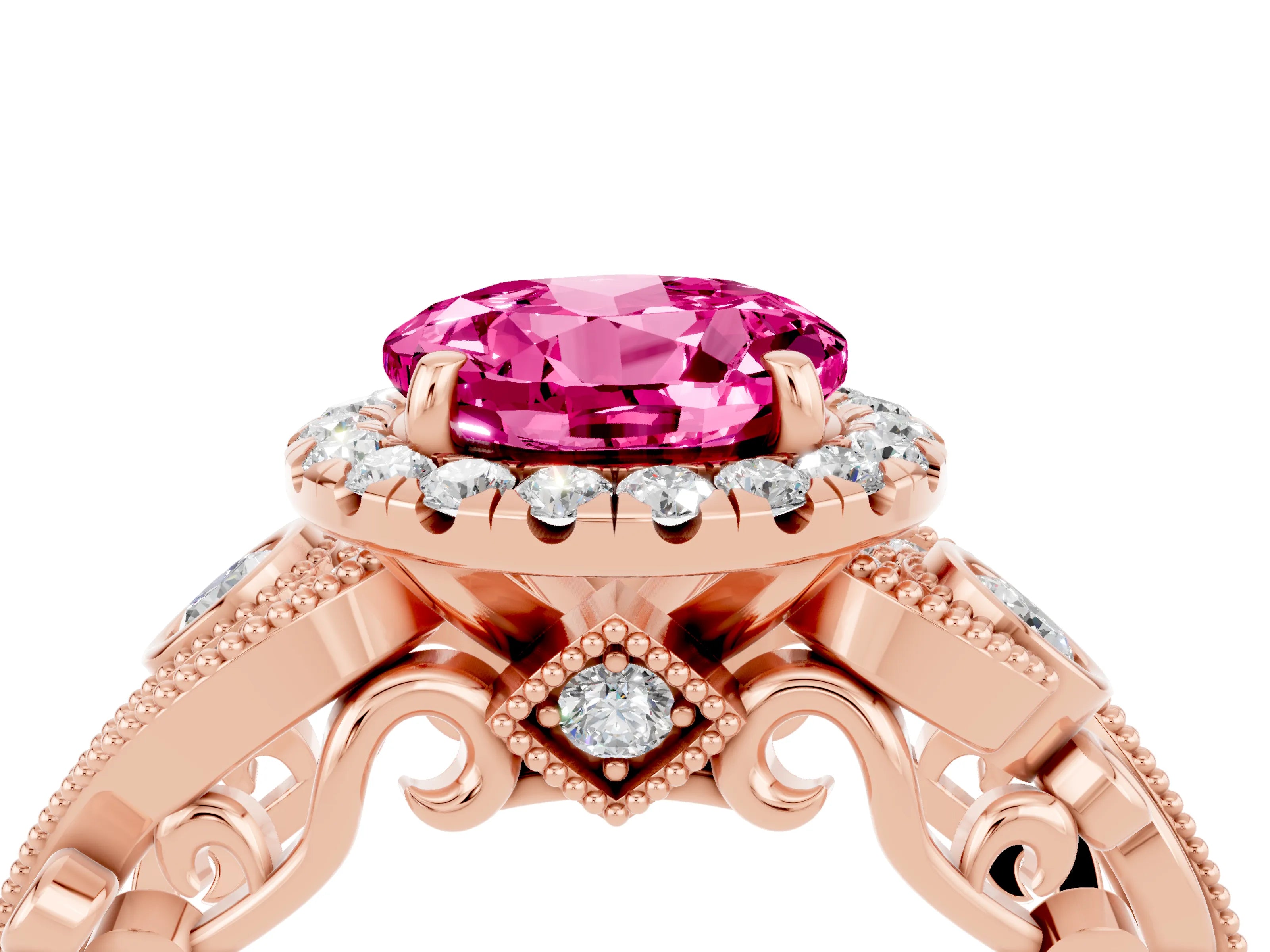 Rose gold Round Cut Pink Sapphire Halo Ring with Milgrain Pavé Band and Four-Prong Setting_16