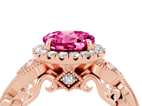 Rose gold Round Cut Pink Sapphire Halo Ring with Milgrain Pavé Band and Four-Prong Setting_16