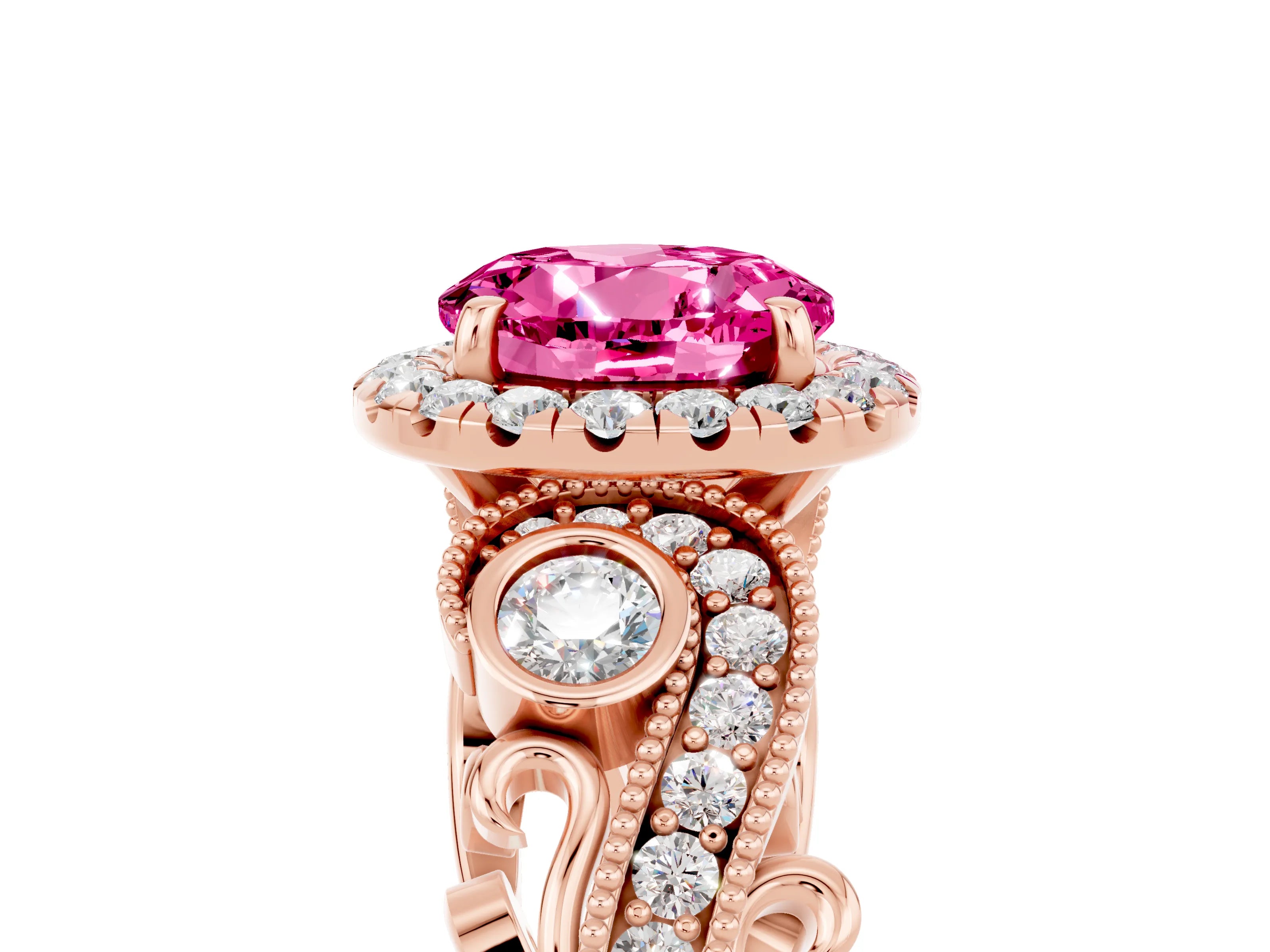 Rose gold Round Cut Pink Sapphire Halo Ring with Milgrain Pavé Band and Four-Prong Setting_17