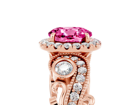 Rose gold Round Cut Pink Sapphire Halo Ring with Milgrain Pavé Band and Four-Prong Setting_17