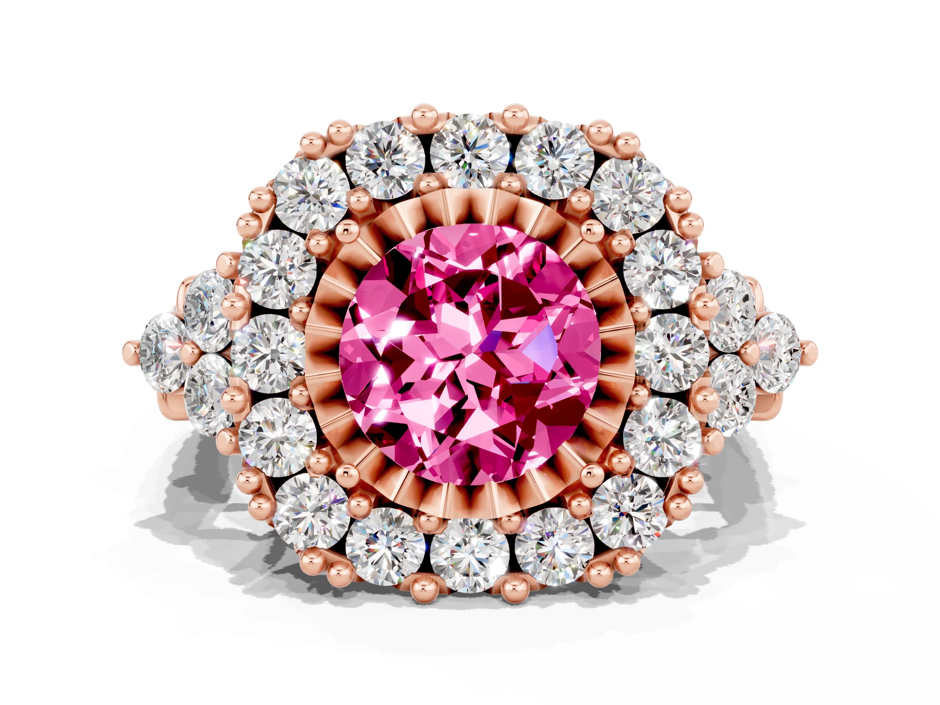 Rose gold Round Cut Pink Sapphire Halo Ring with Pavé Band and Four-Prong Setting_12
