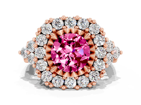 Rose gold Round Cut Pink Sapphire Halo Ring with Pavé Band and Four-Prong Setting_12