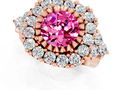 Rose gold Round Cut Pink Sapphire Halo Ring with Pavé Band and Four-Prong Setting_13