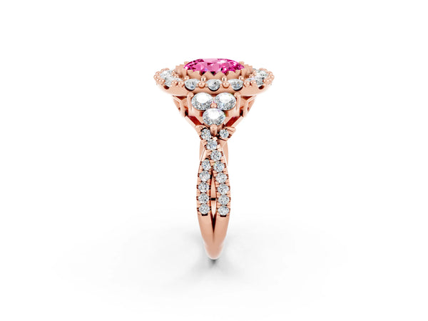 Rose gold Round Cut Pink Sapphire Halo Ring with Pavé Band and Four-Prong Setting