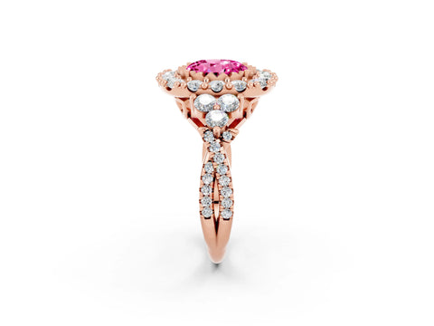 Rose gold Round Cut Pink Sapphire Halo Ring with Pavé Band and Four-Prong Setting_14