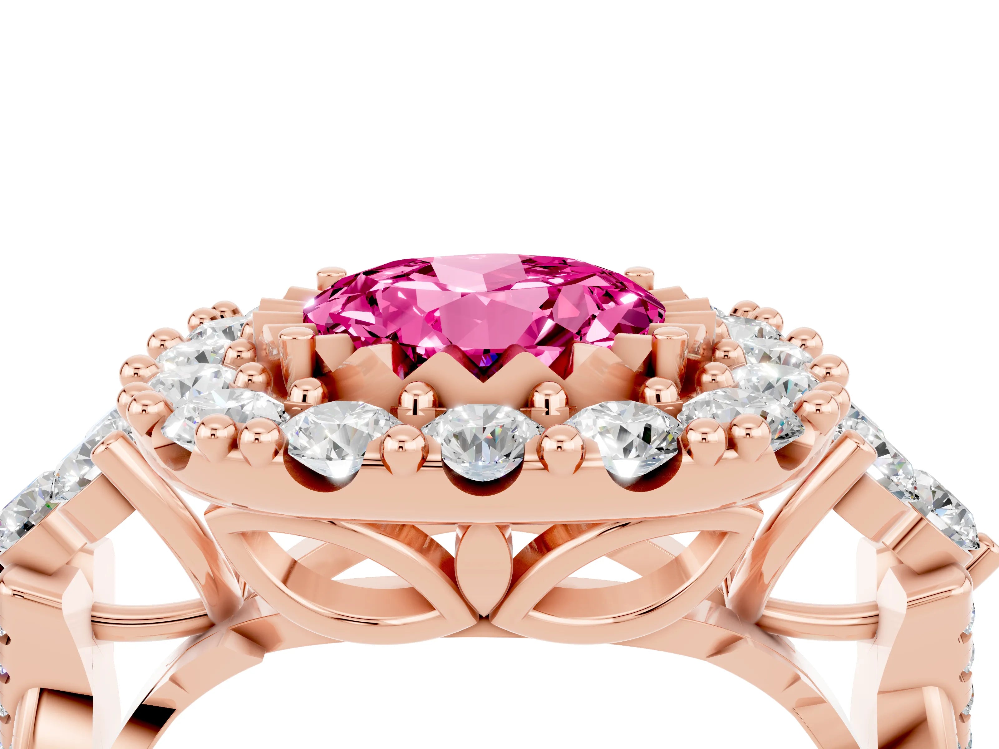 Rose gold Round Cut Pink Sapphire Halo Ring with Pavé Band and Four-Prong Setting_16