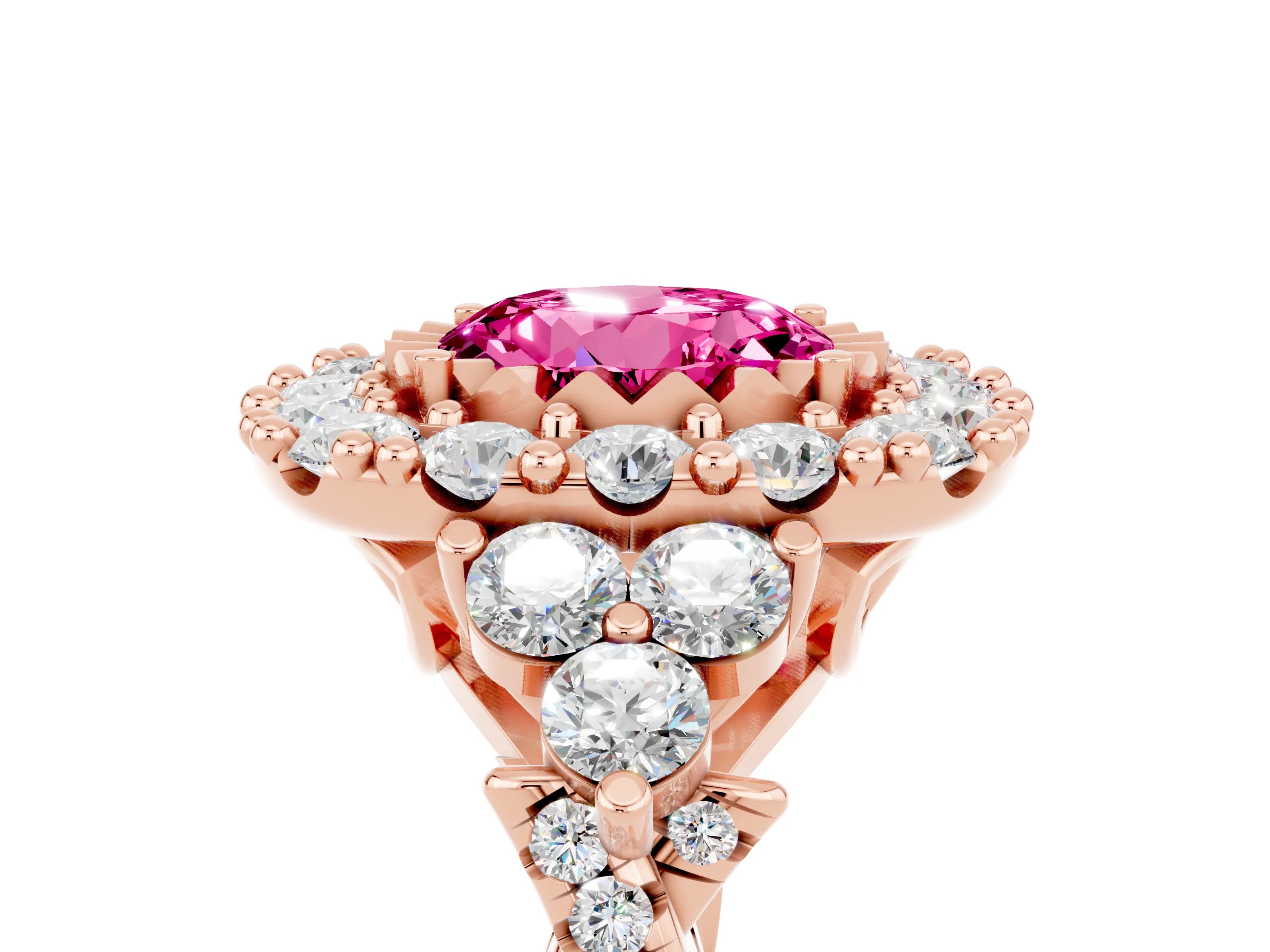 Rose gold Round Cut Pink Sapphire Halo Ring with Pavé Band and Four-Prong Setting_17