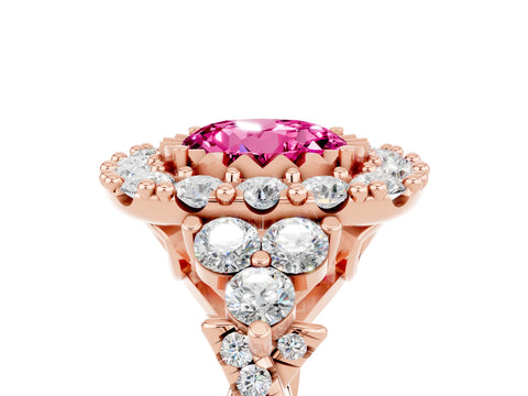 Rose gold Round Cut Pink Sapphire Halo Ring with Pavé Band and Four-Prong Setting_17