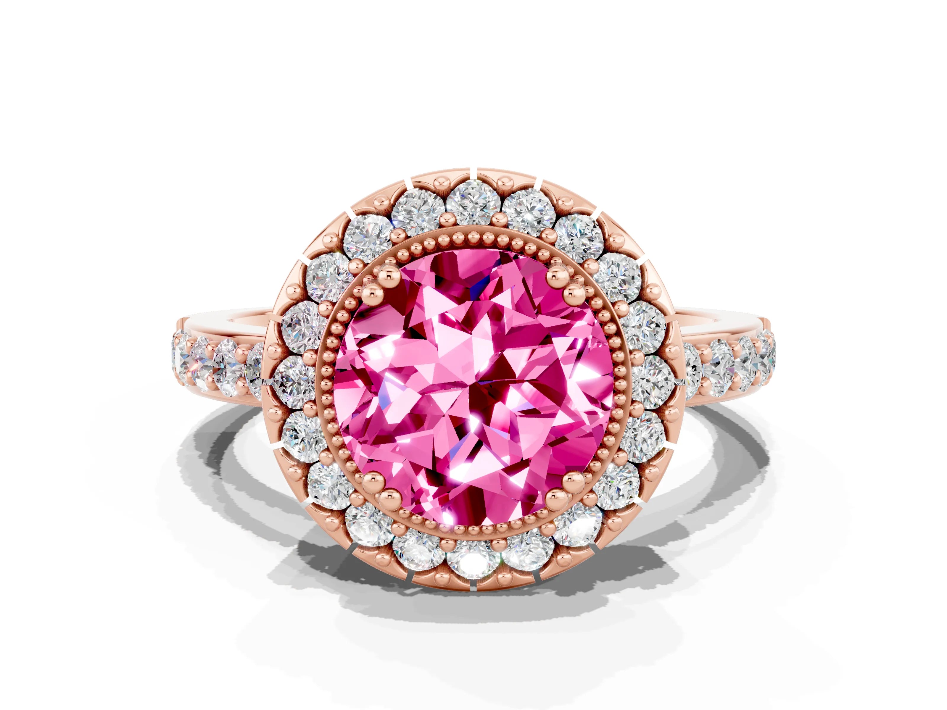 Rose gold Round Cut Pink Sapphire Halo Ring with Pavé Band and Prong Setting_12